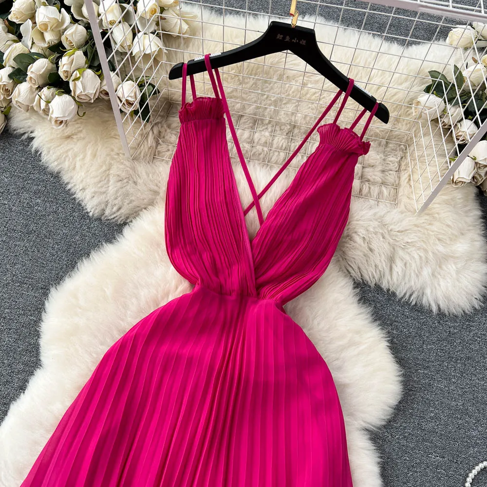 Rose Red Pleated V-neck Halter Dress