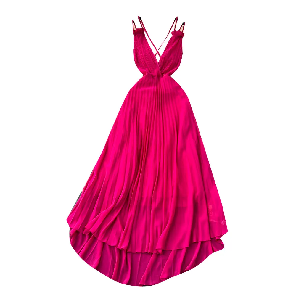 Rose Red Pleated V-neck Halter Dress
