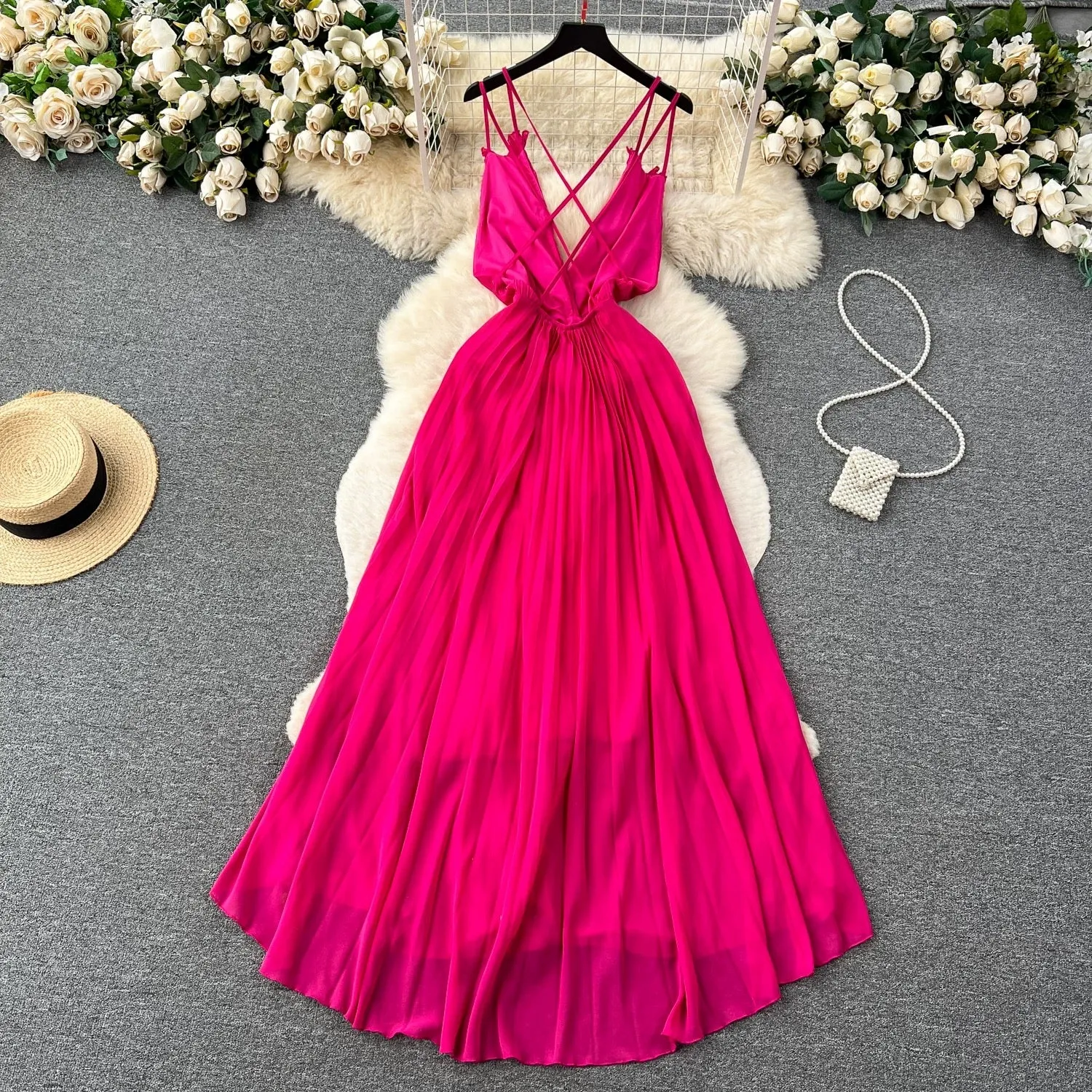 Rose Red Pleated V-neck Halter Dress