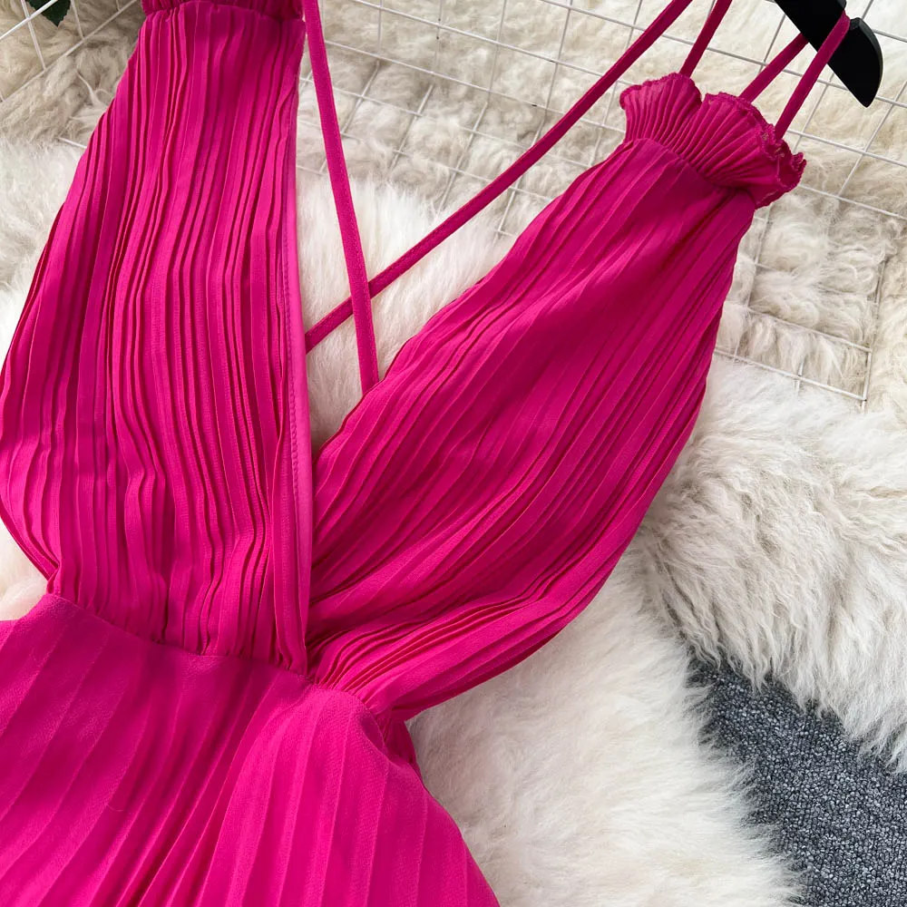 Rose Red Pleated V-neck Halter Dress
