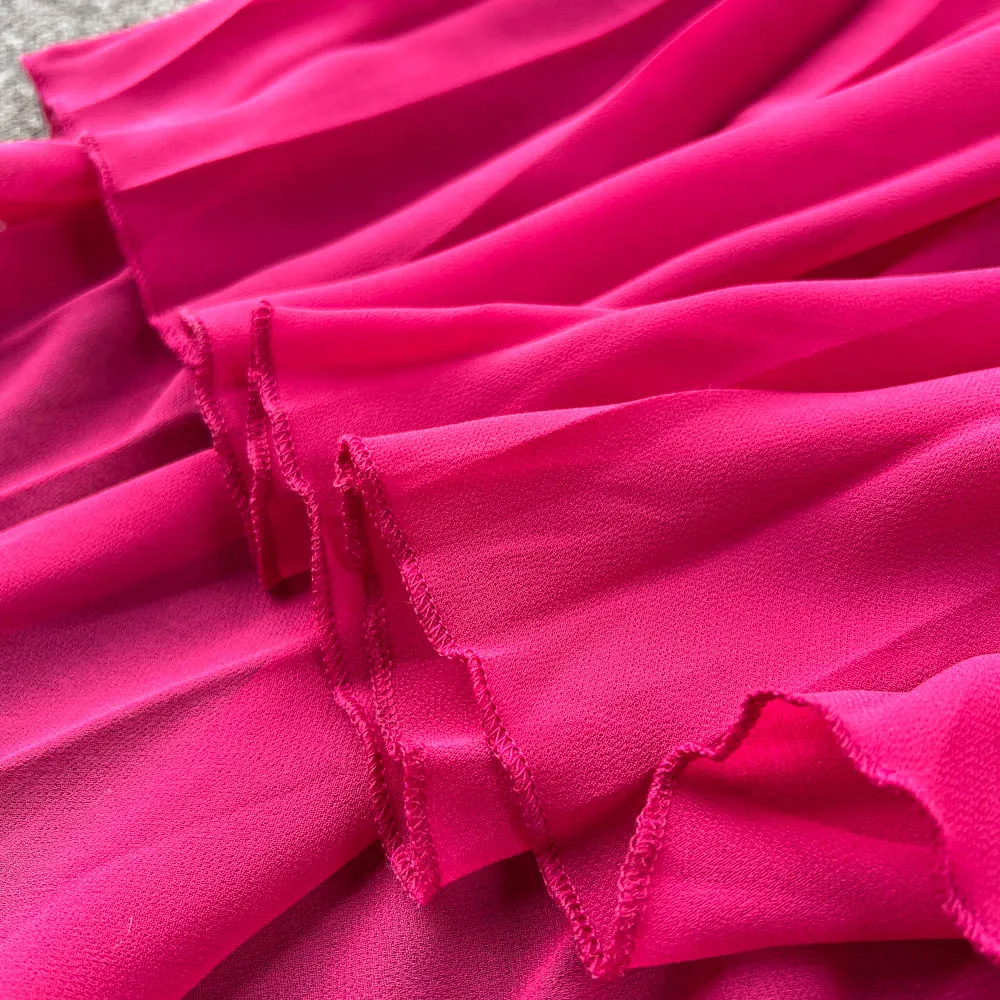 Rose Red Pleated V-neck Halter Dress