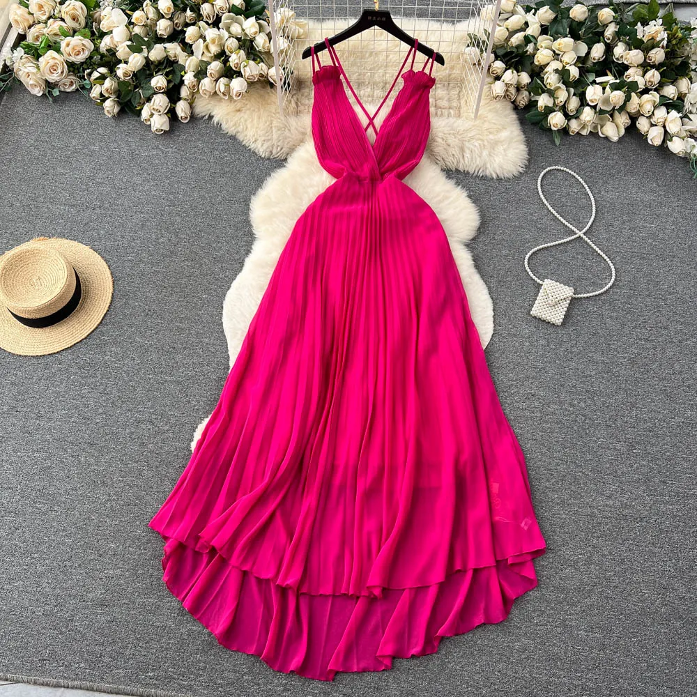 Rose Red Pleated V-neck Halter Dress