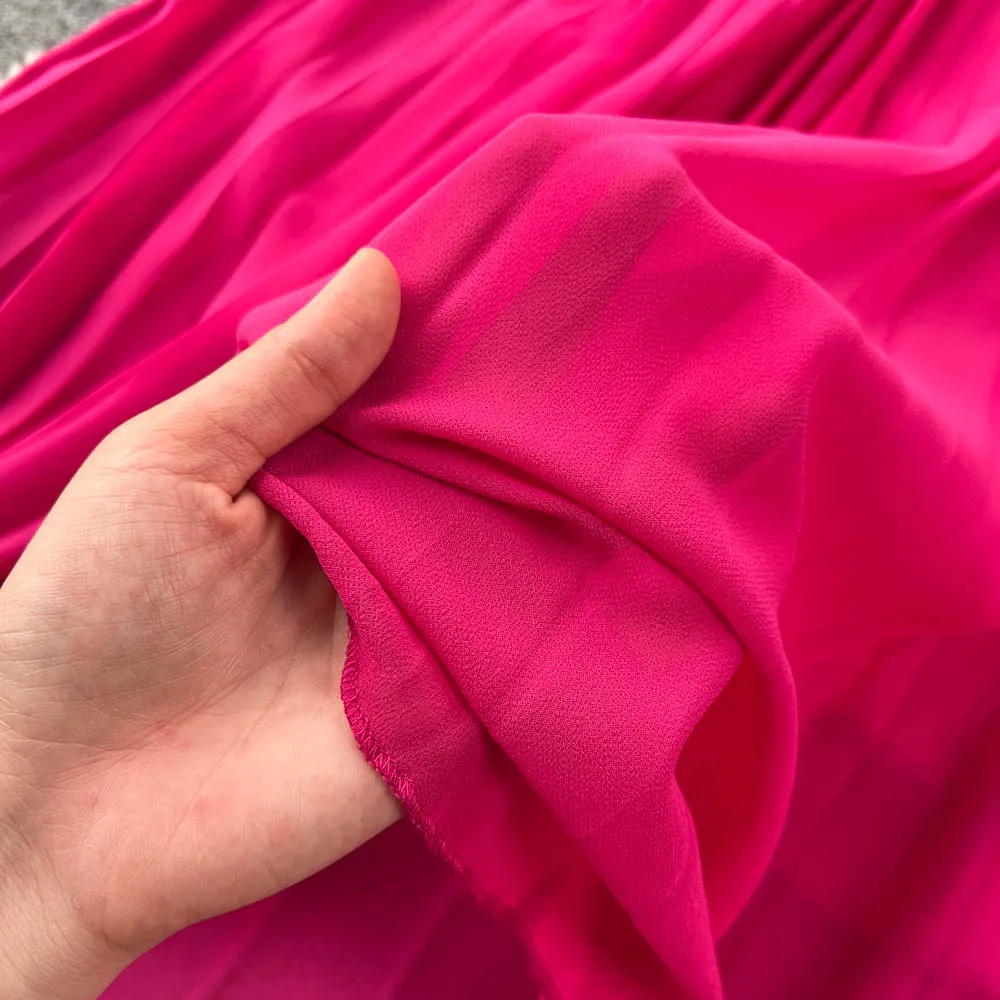 Rose Red Pleated V-neck Halter Dress
