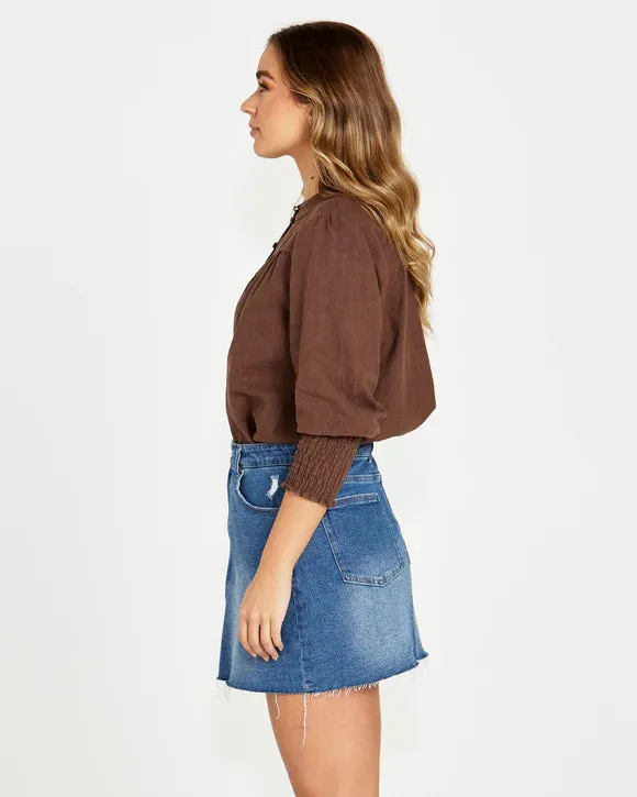 Sass Roxy Shirred Cuff Blouse - Chocolate