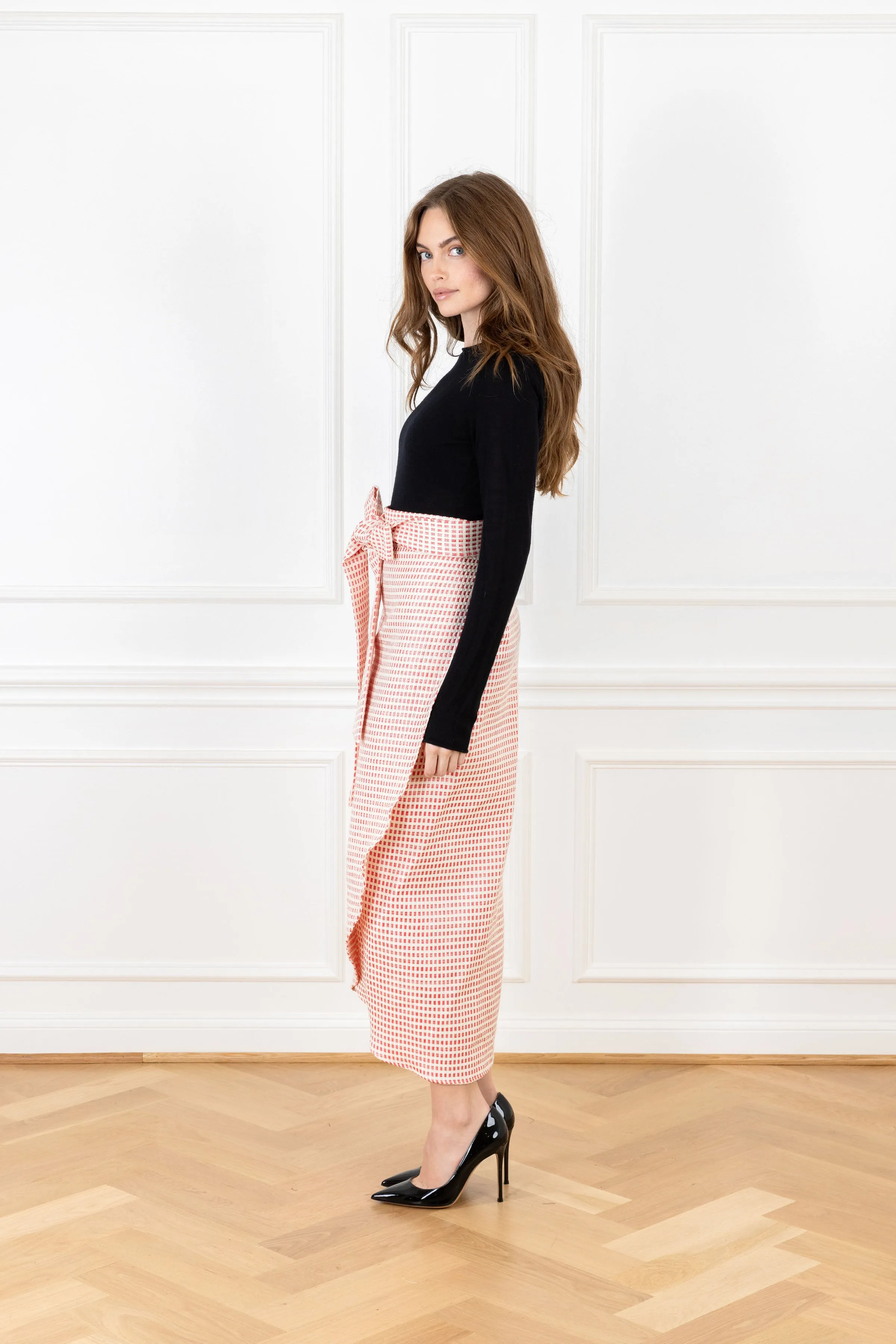 Scarlet Woven Grid Maxi Wrap Skirt