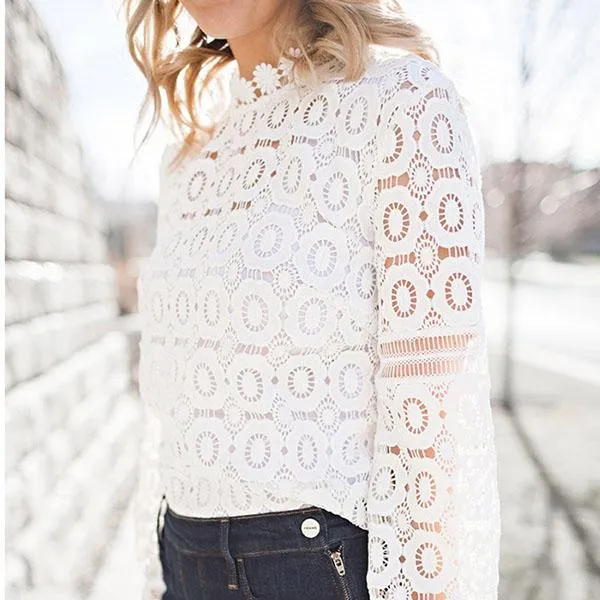 Sheer Mesh White Crochet Eyelet Lace Crewneck Shirt For Work