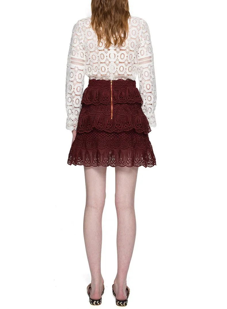 Sheer Mesh White Crochet Eyelet Lace Crewneck Shirt For Work