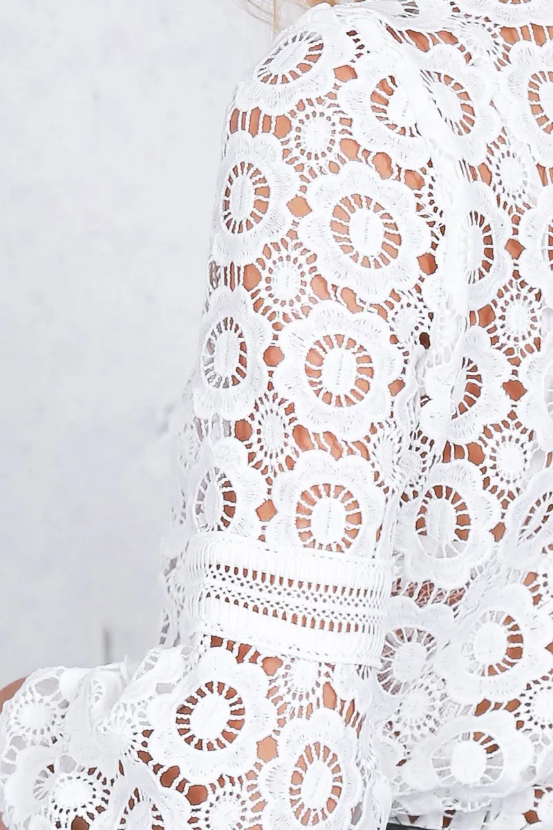 Sheer Mesh White Crochet Eyelet Lace Crewneck Shirt For Work