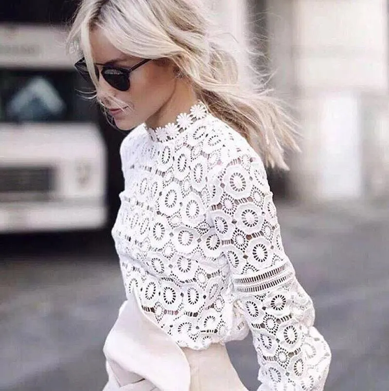 Sheer Mesh White Crochet Eyelet Lace Crewneck Shirt For Work