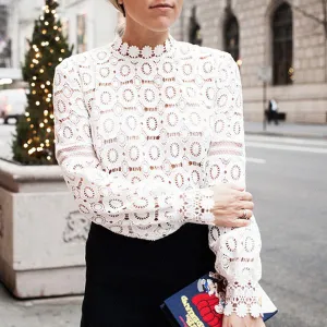 Sheer Mesh White Crochet Eyelet Lace Crewneck Shirt For Work
