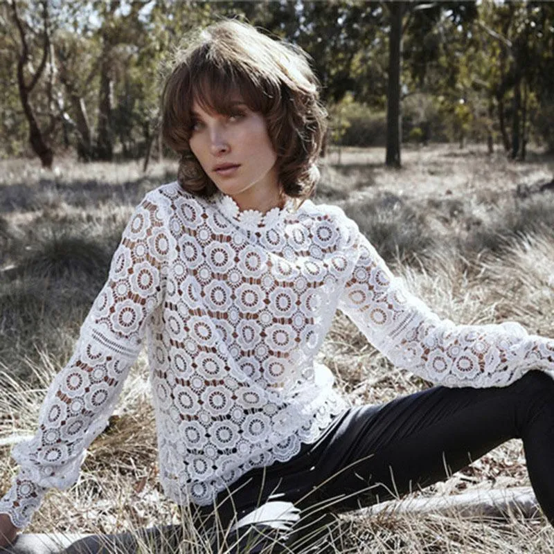 Sheer Mesh White Crochet Eyelet Lace Crewneck Shirt For Work