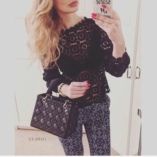 Sheer Mesh White Crochet Eyelet Lace Crewneck Shirt For Work