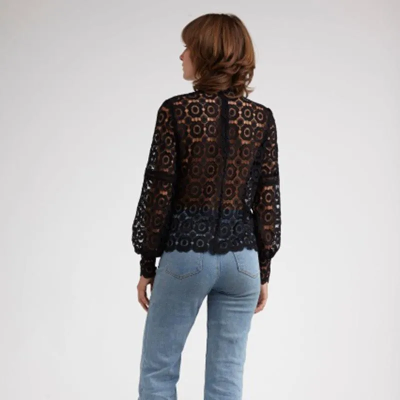 Sheer Mesh White Crochet Eyelet Lace Crewneck Shirt For Work