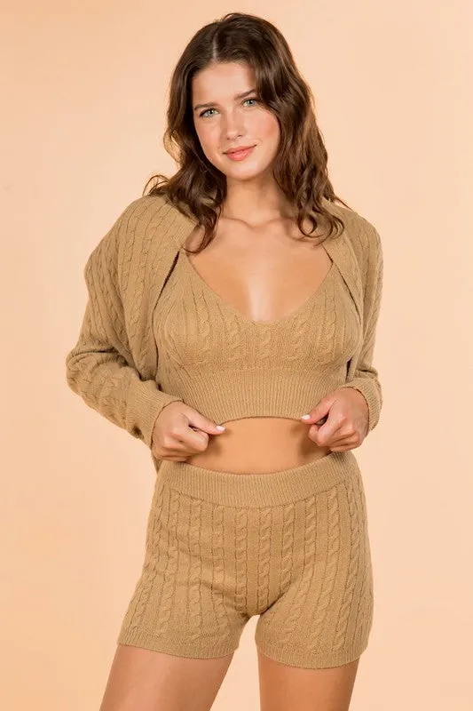 SOLID KNIT CROP TOP, SHORT AND CARDIGAN SET
