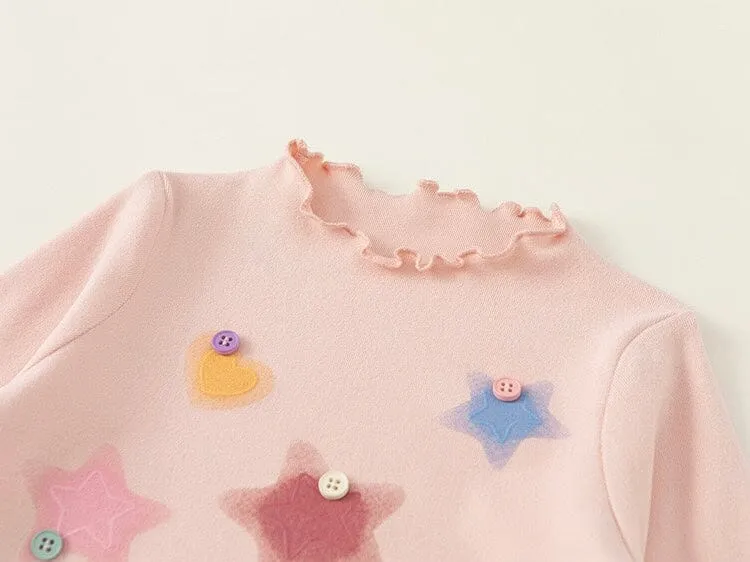 Stars Print Ruffled Long Sleeve Top