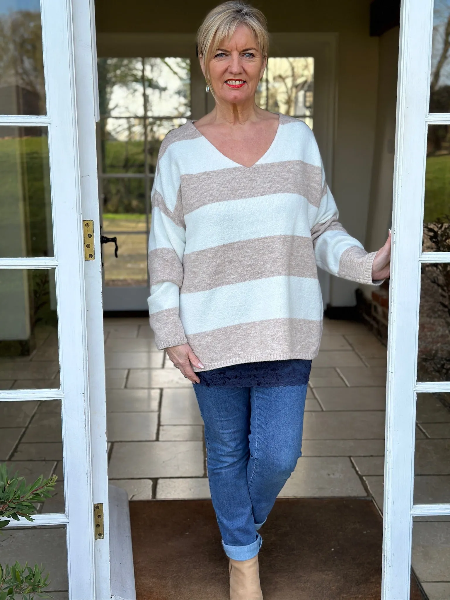 Striped V-Neck Sweater | Oatmeal