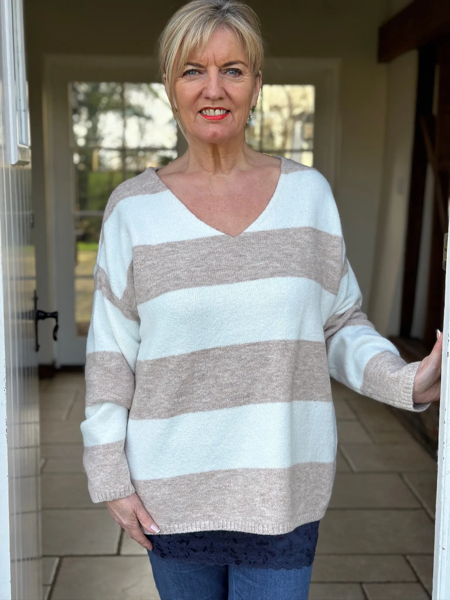 Striped V-Neck Sweater | Oatmeal