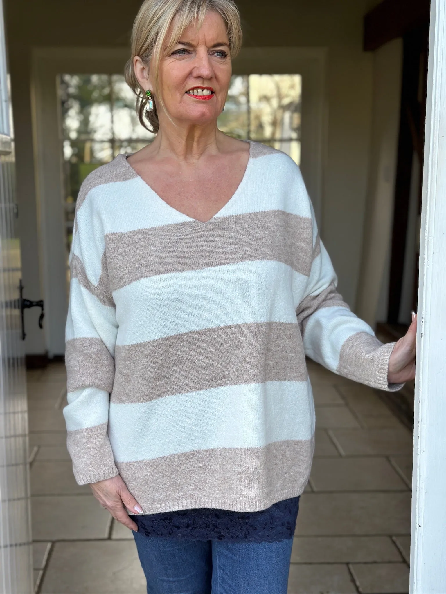 Striped V-Neck Sweater | Oatmeal