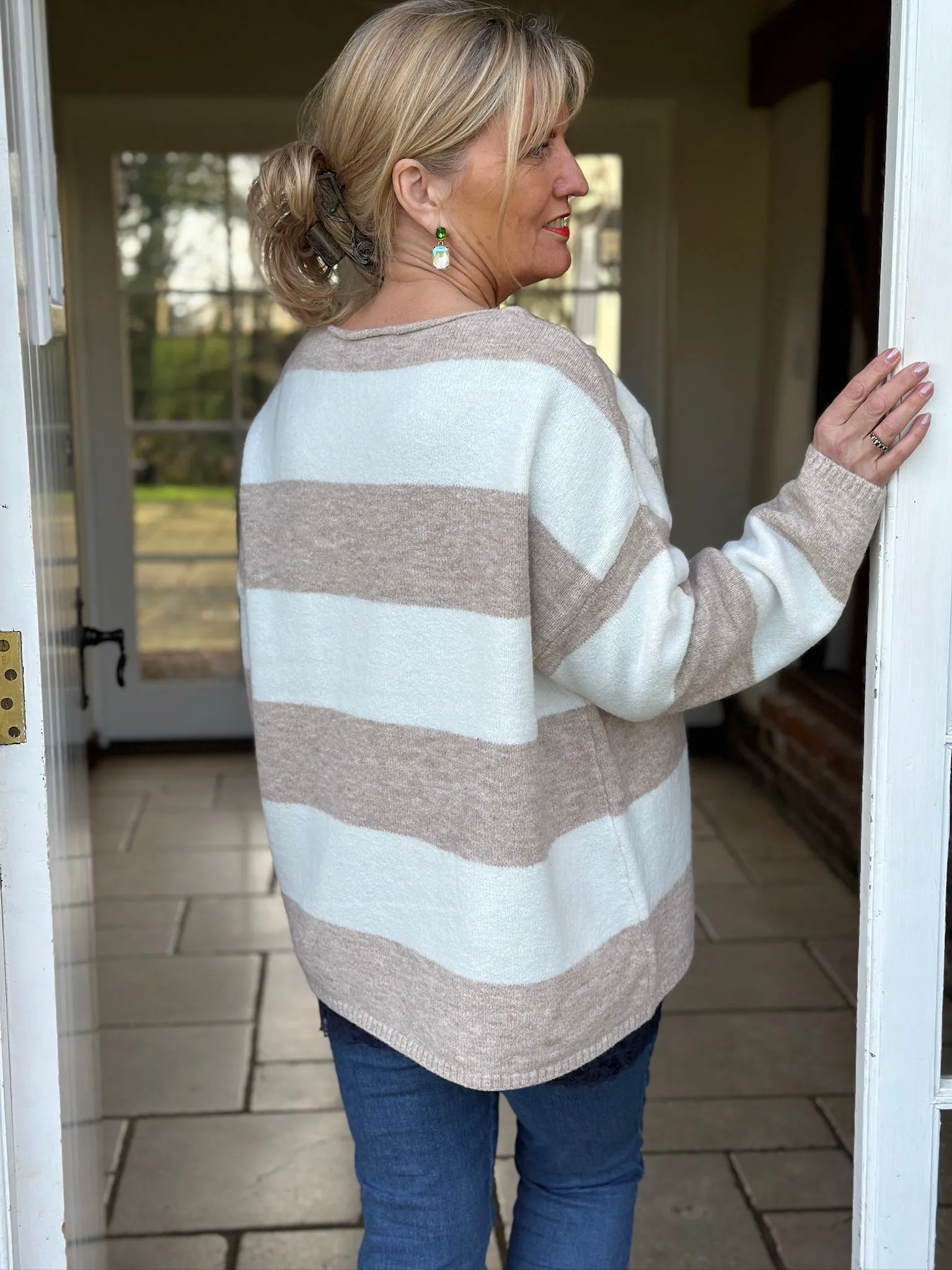 Striped V-Neck Sweater | Oatmeal