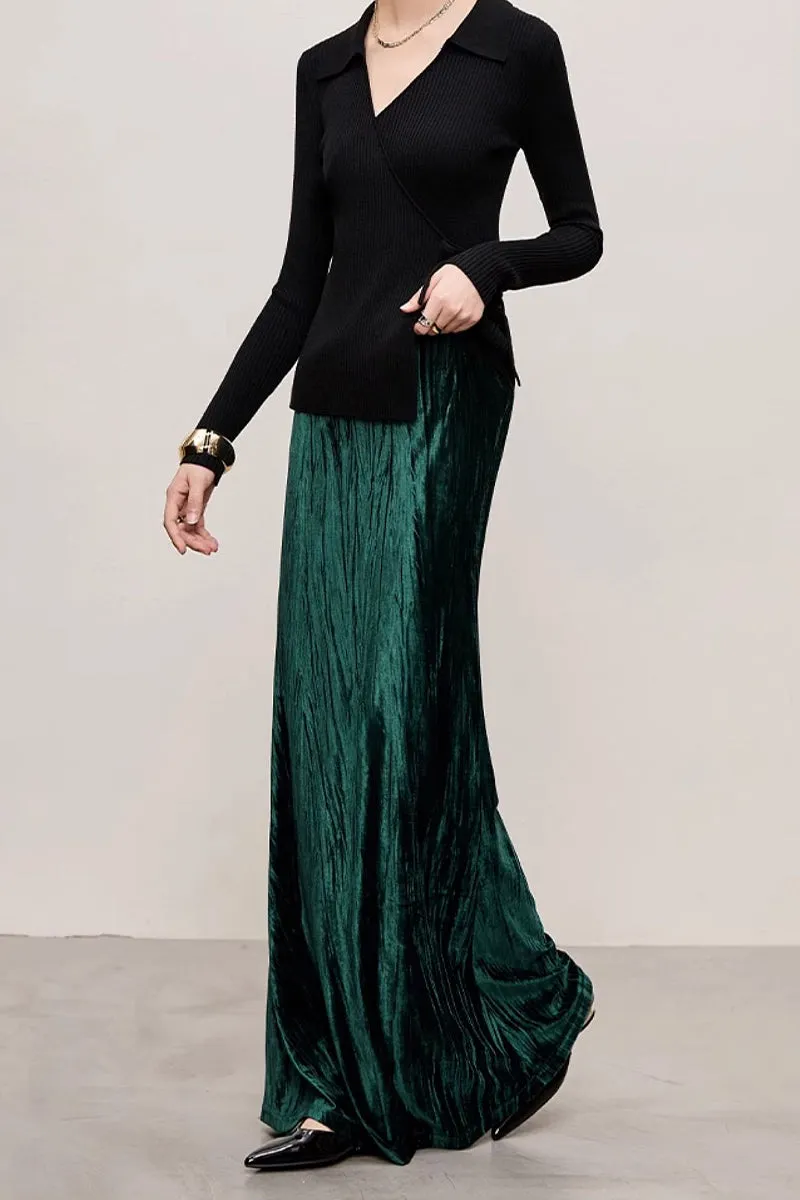Textured Velvet Mermaid Maxi Skirt in Emerald Green