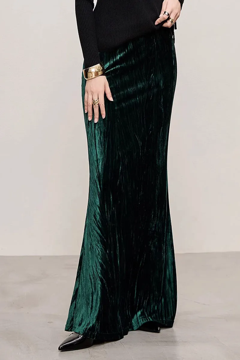 Textured Velvet Mermaid Maxi Skirt in Emerald Green