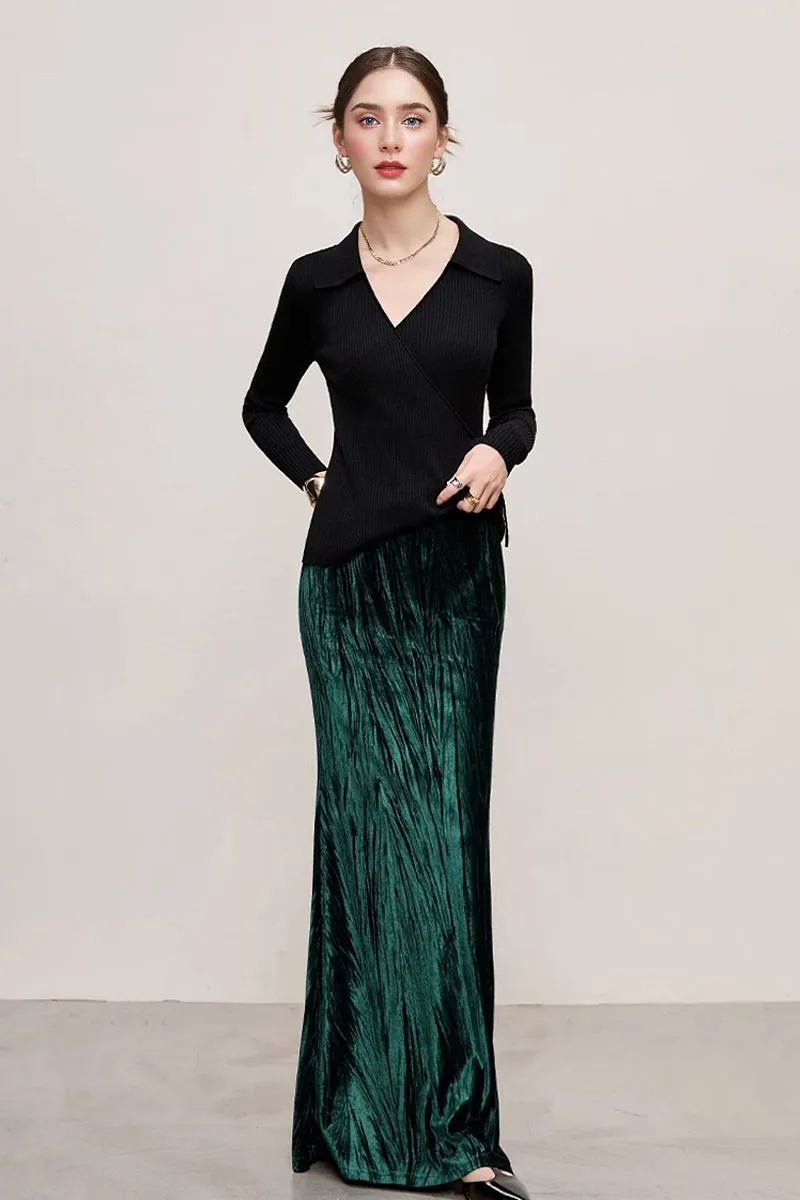 Textured Velvet Mermaid Maxi Skirt in Emerald Green