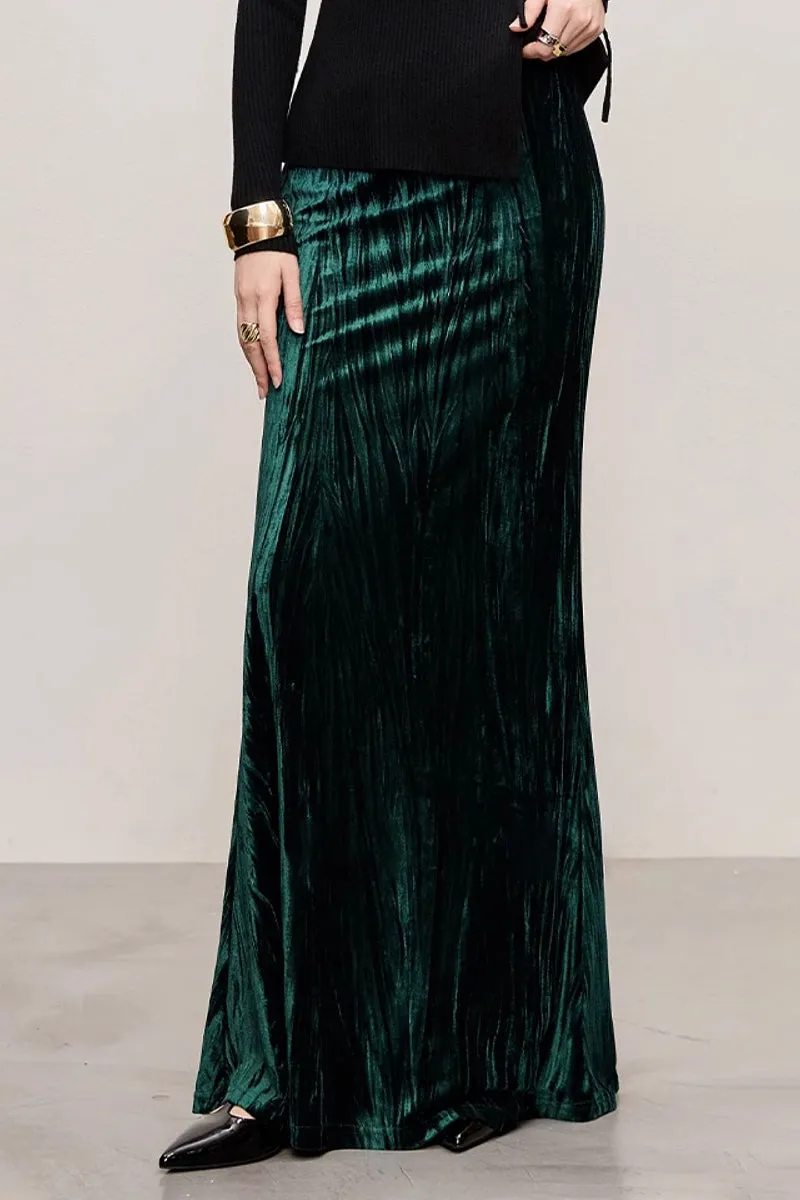 Textured Velvet Mermaid Maxi Skirt in Emerald Green