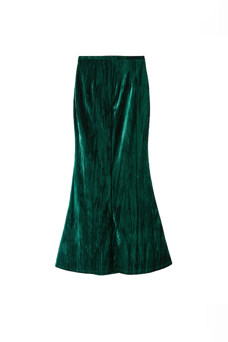 Textured Velvet Mermaid Maxi Skirt in Emerald Green
