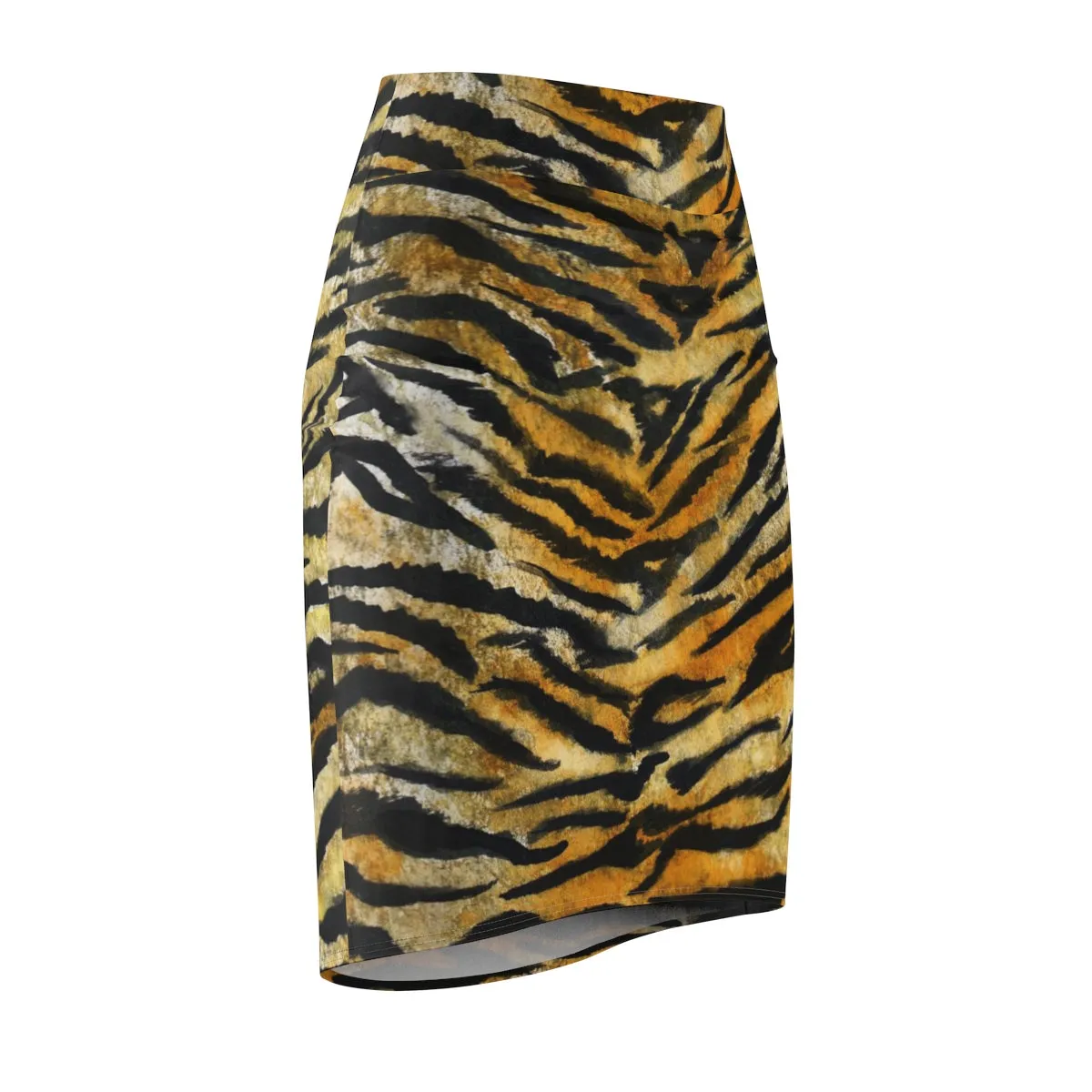 Tiger Striped Women's Pencil Skirt, Orange Brown Animal Print Pencil Skirt -Made in USA