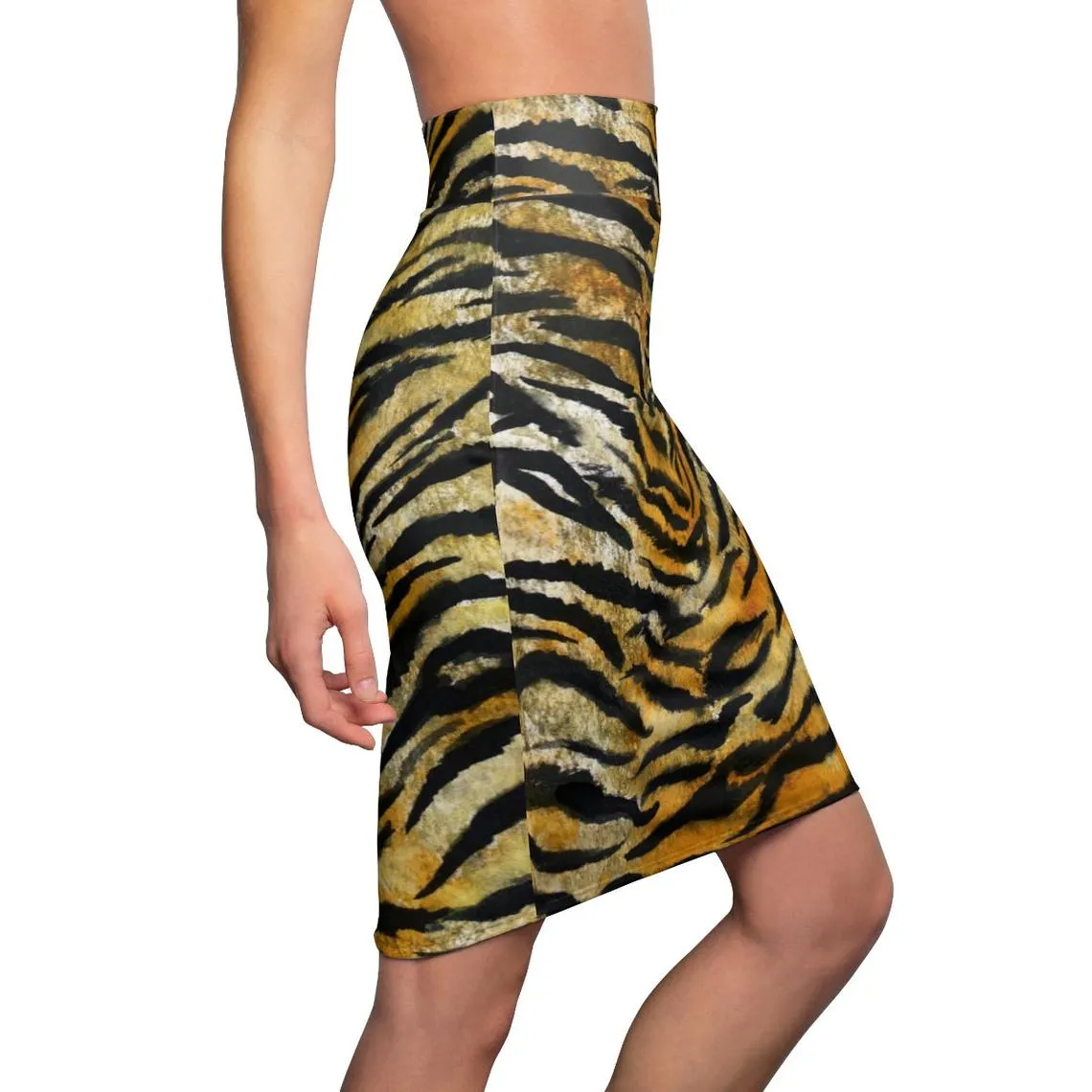 Tiger Striped Women's Pencil Skirt, Orange Brown Animal Print Pencil Skirt -Made in USA
