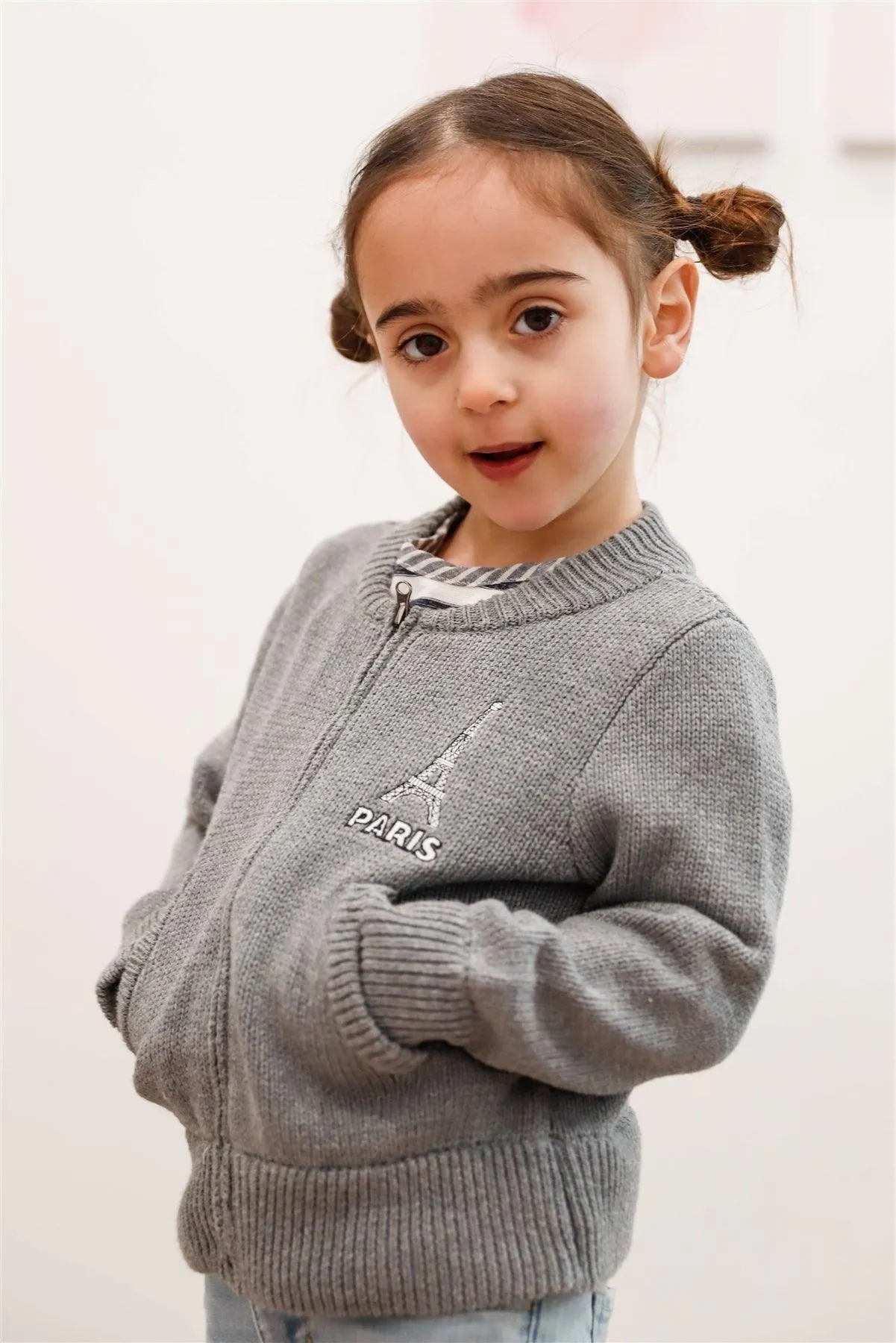 Toddler Girls "Paris" Grey Knit Cotton Zip-Up Sweater /5-1