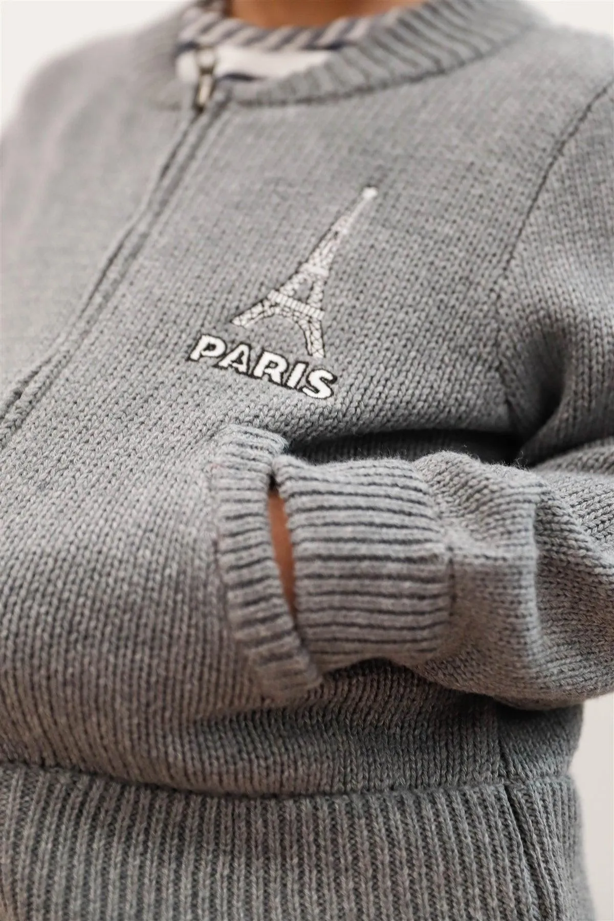 Toddler Girls "Paris" Grey Knit Cotton Zip-Up Sweater /5-1