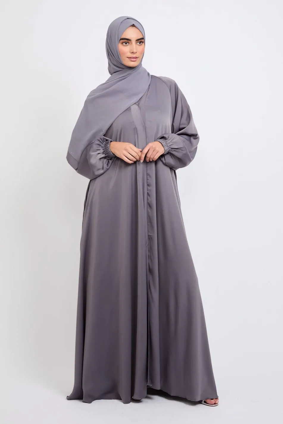 Umbrella Cut Open Abaya with Pleated Back Detailing - Lavender Grey