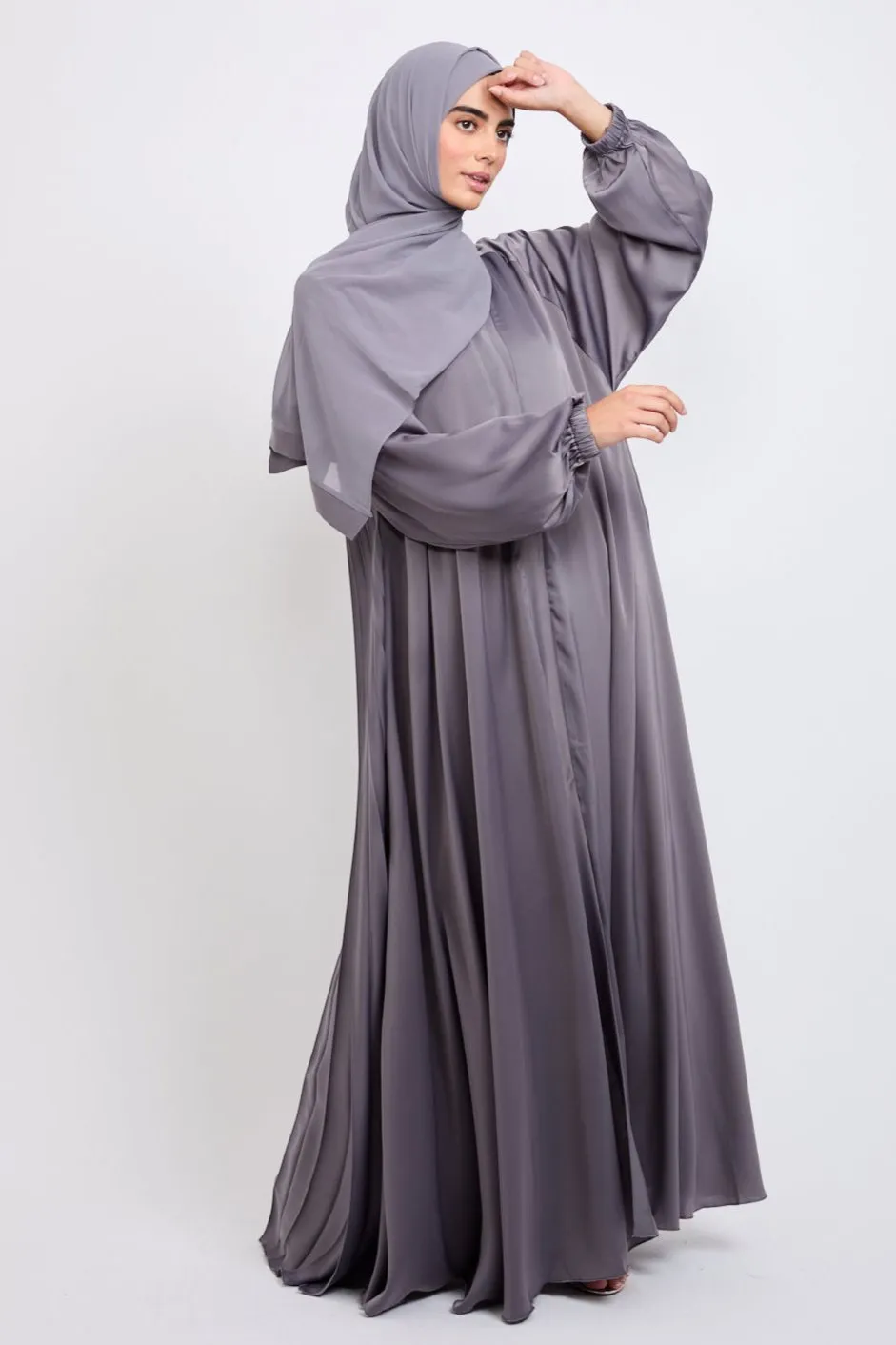 Umbrella Cut Open Abaya with Pleated Back Detailing - Lavender Grey