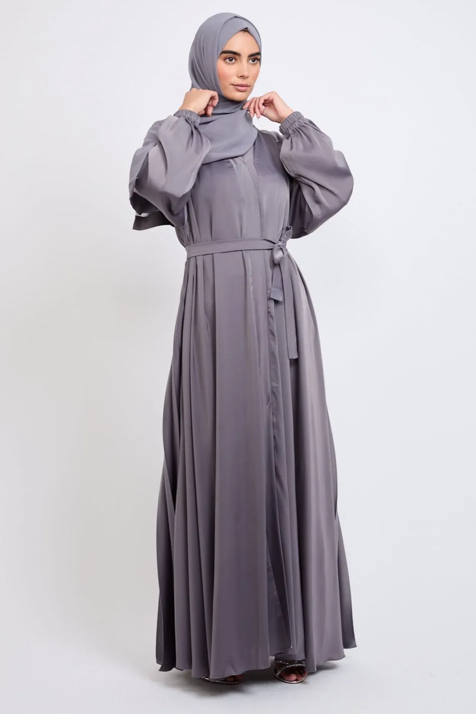 Umbrella Cut Open Abaya with Pleated Back Detailing - Lavender Grey