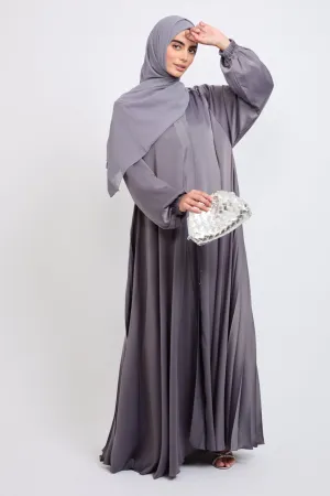 Umbrella Cut Open Abaya with Pleated Back Detailing - Lavender Grey