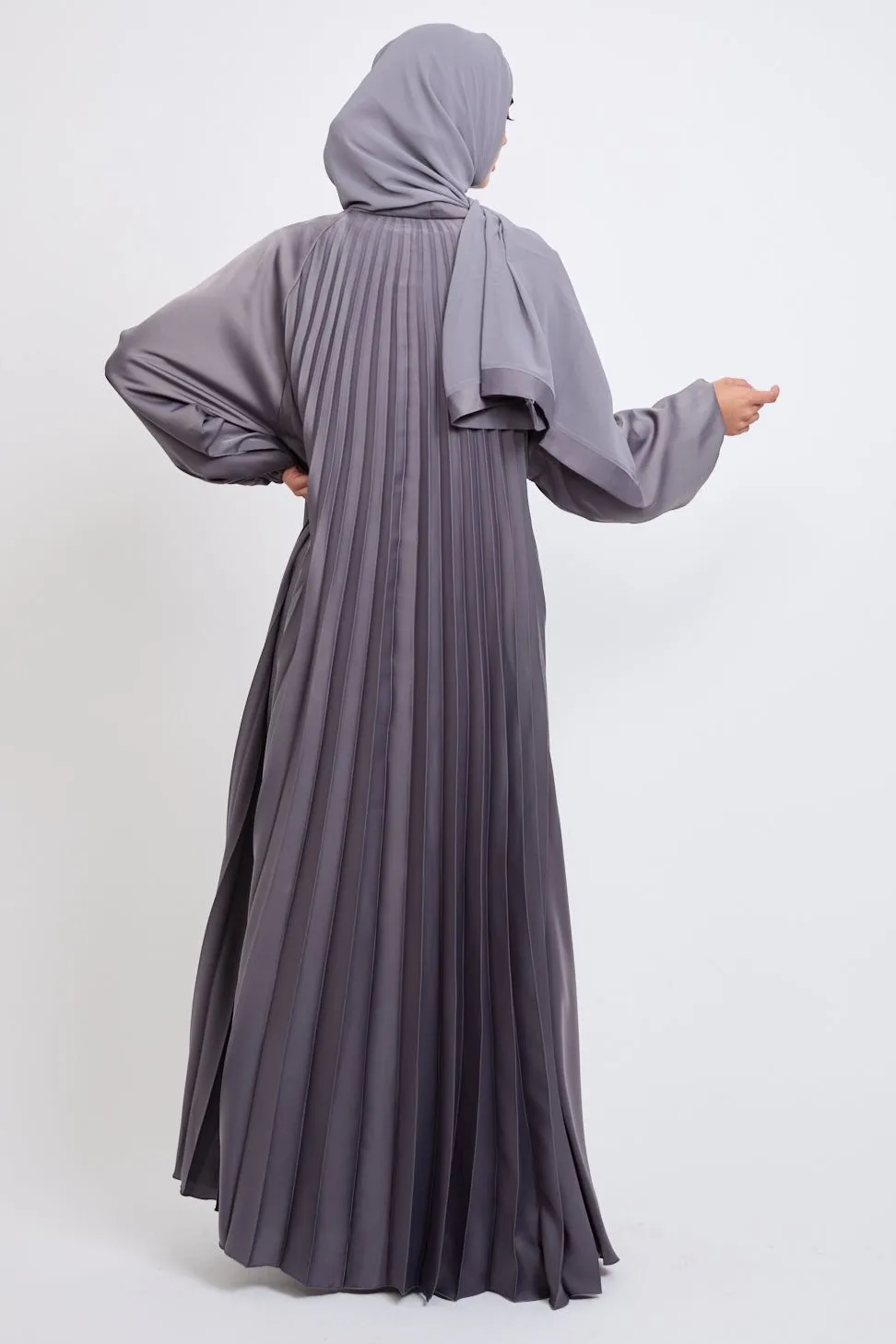Umbrella Cut Open Abaya with Pleated Back Detailing - Lavender Grey
