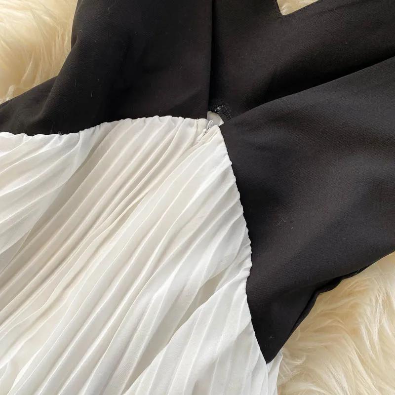 V-neck Stitching Pleated Slip Dress