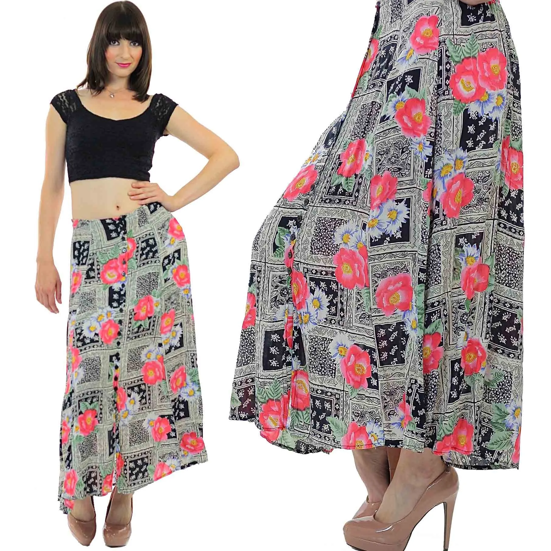 Vintage Boho Hippie Floral Button down maxi skirt