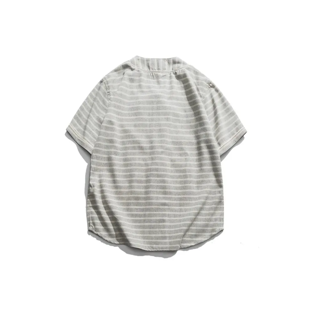 Vintage Cotton & Linen Stripes Short Sleeve Baseball Men's Tee Shirts