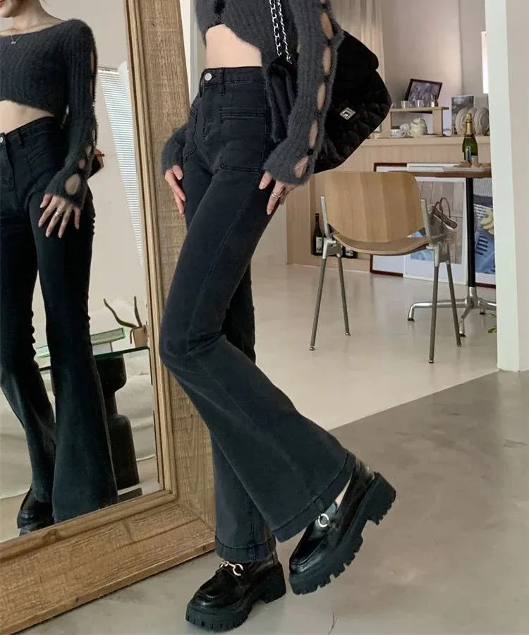 Women Ankle-Length Cotton Denim High Waist Flare Pants