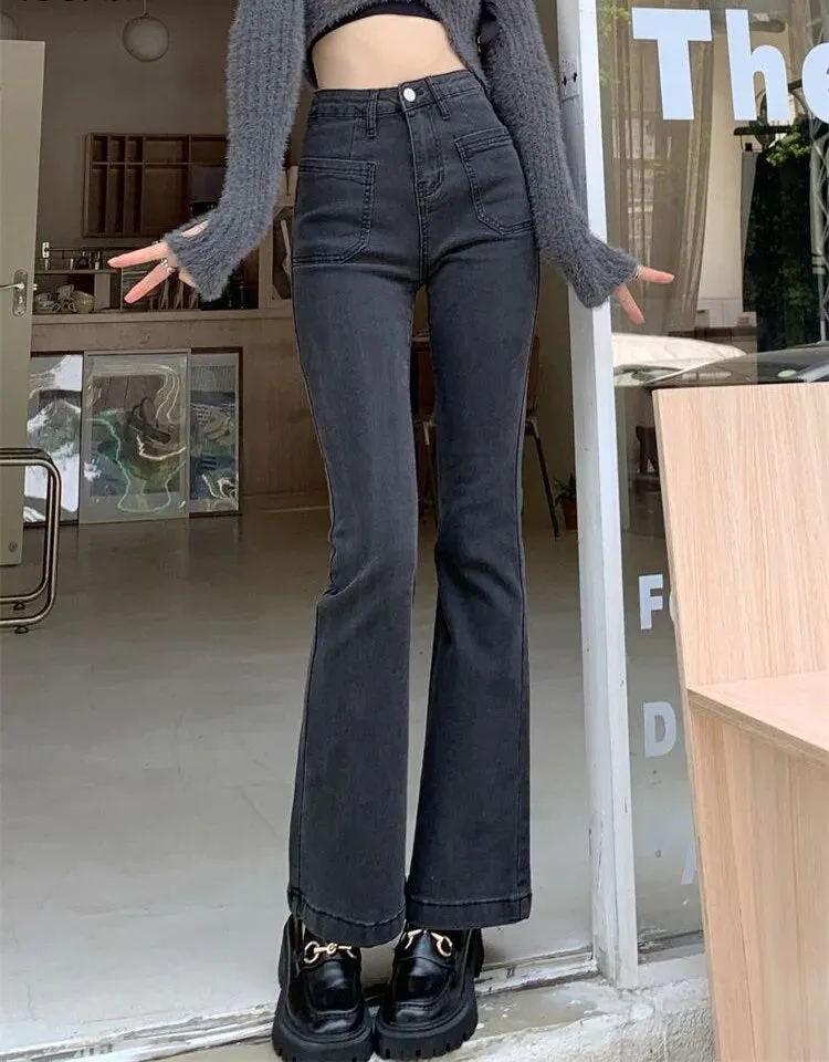 Women Ankle-Length Cotton Denim High Waist Flare Pants