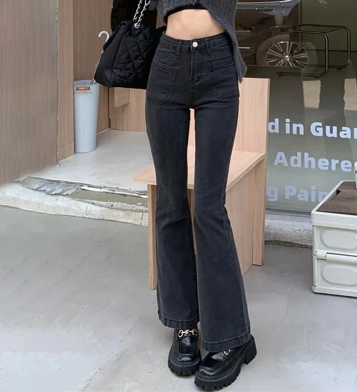 Women Ankle-Length Cotton Denim High Waist Flare Pants