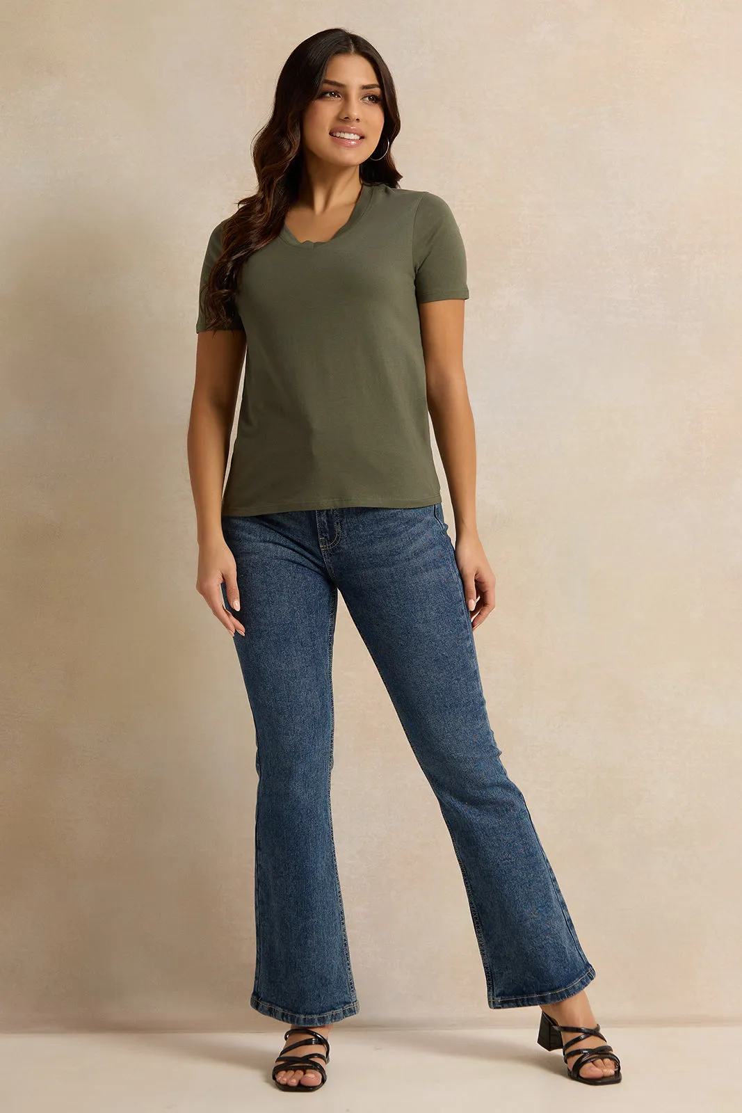 Women Olive V Neck T-Shirt