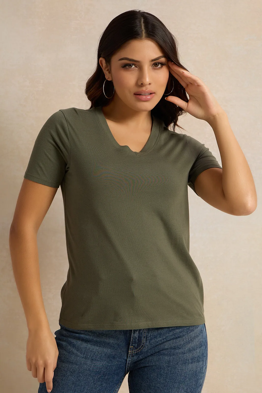 Women Olive V Neck T-Shirt