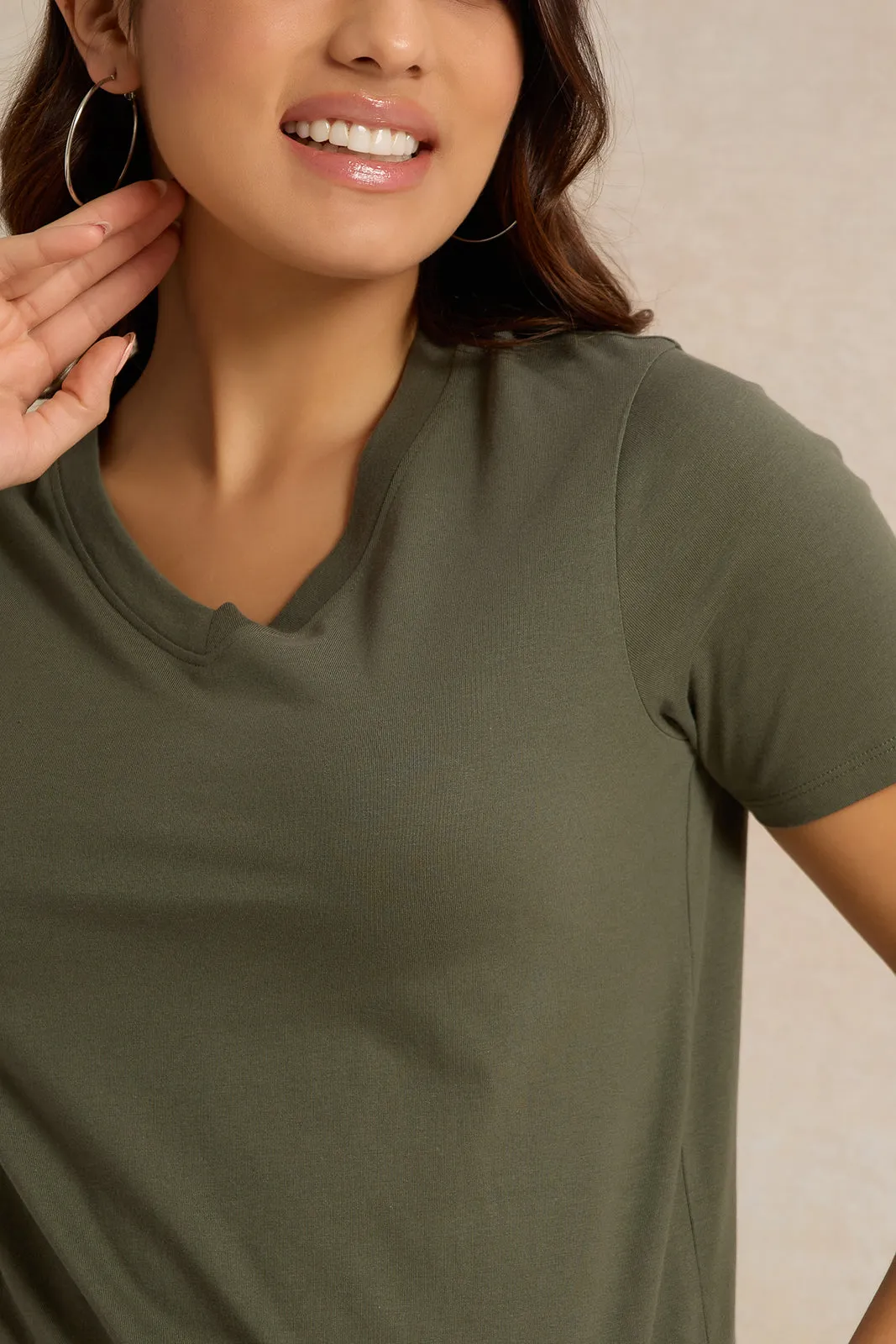 Women Olive V Neck T-Shirt