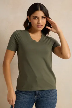Women Olive V Neck T-Shirt