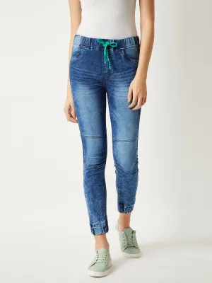 Women's Blue Relaxed Fit Mid Rise Regular Length Ice Wash Stretchable Denim Joggers