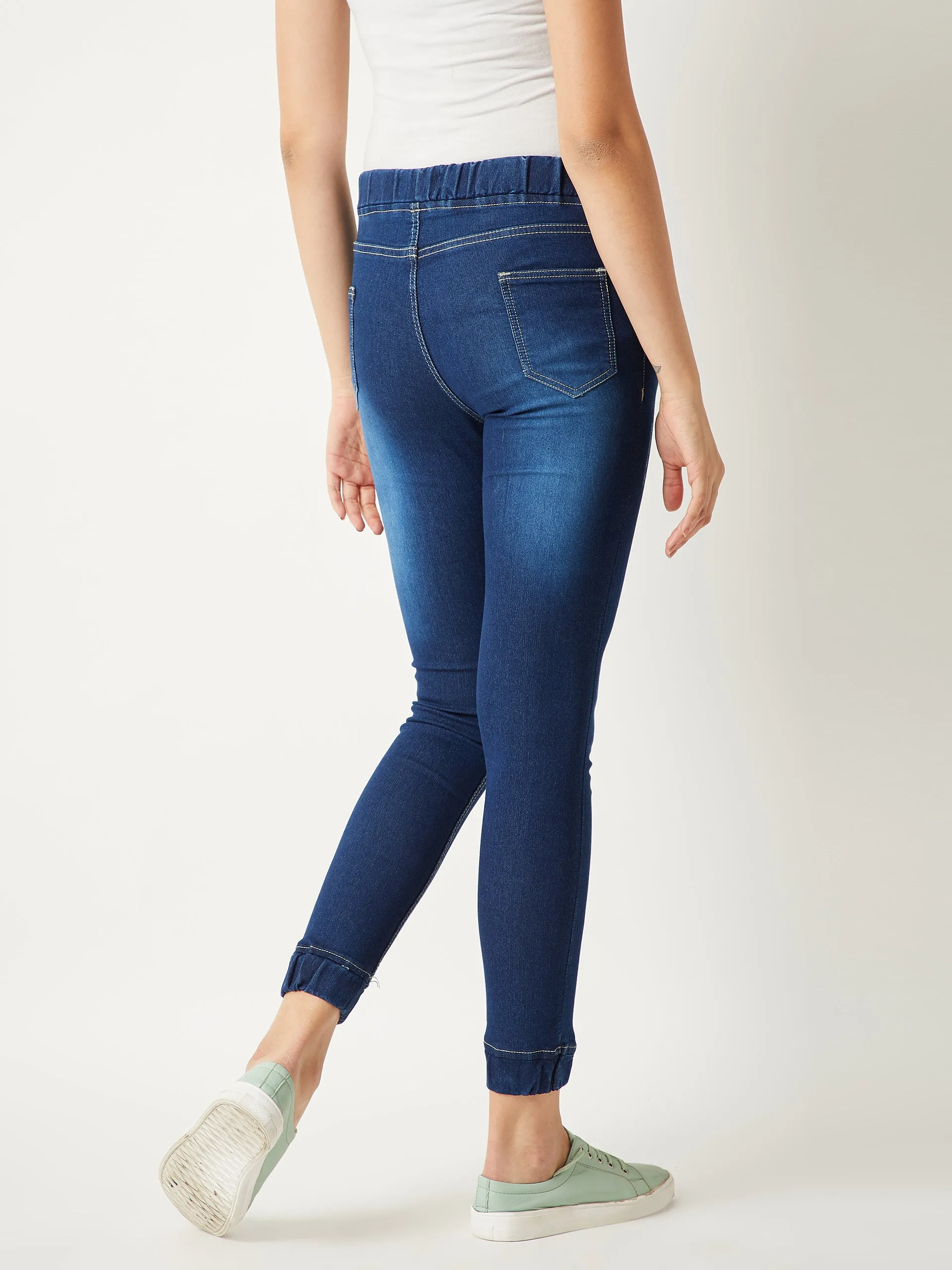 Women's Navy Blue Relaxed Fit Mid Rise Regular Length Scraping Detailing Stretchable Denim Joggers