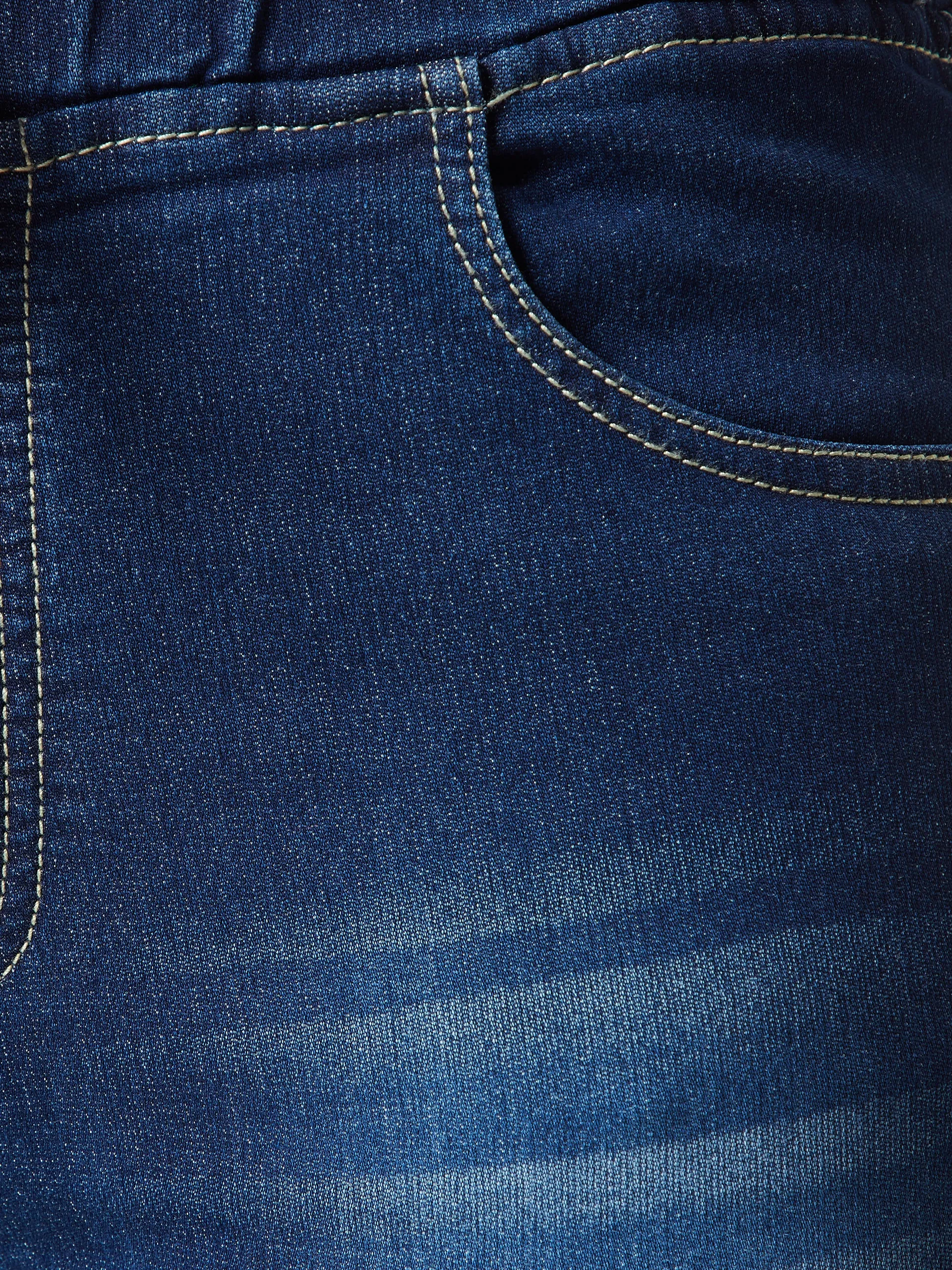 Women's Navy Blue Relaxed Fit Mid Rise Regular Length Scraping Detailing Stretchable Denim Joggers